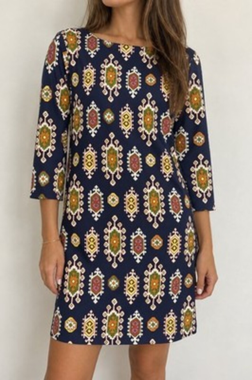 Jude Connally Shift Dress Women’s L Navy Geometric 3/4 Sleeve Stretch Boat Neck